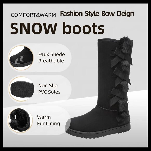Women's Warm Mid Calf Boots Fuzzy Ladies Booties Classic Bow Tie Black - Picture 4 of 6